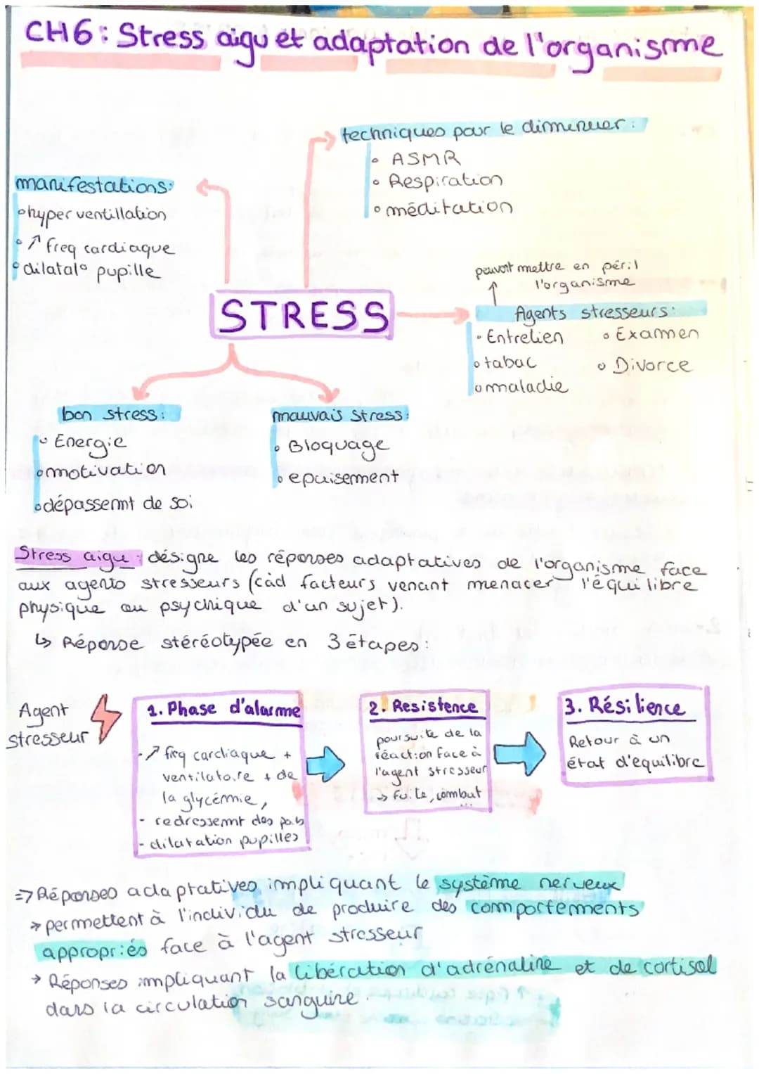 CH6: Stress aigu et adaptation de l'organisme
manifestations:
hyperventillation
freq cardiaque
dilatalo pupille
0
bon stress:
Energie
motiva