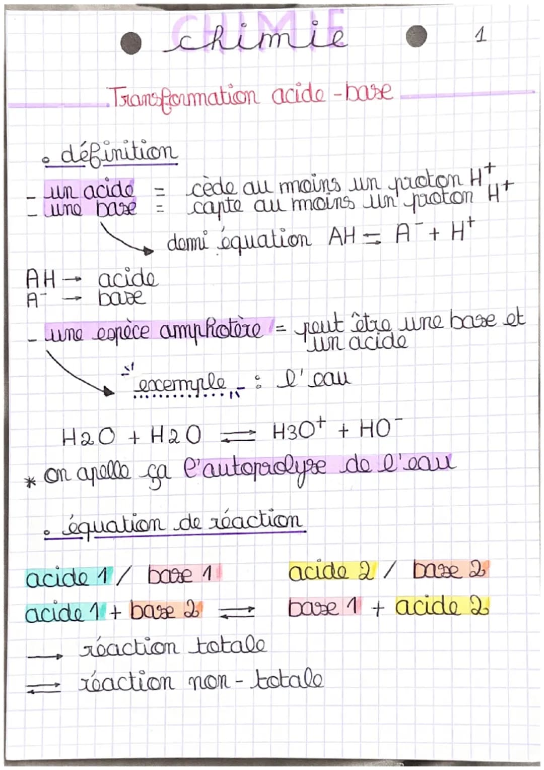AH
A
un acide
une base
● Chimie
Transformation acide - bare
définition
-
0
acide
base
cède au moins un proton Ht
capte au moins un proton Ht