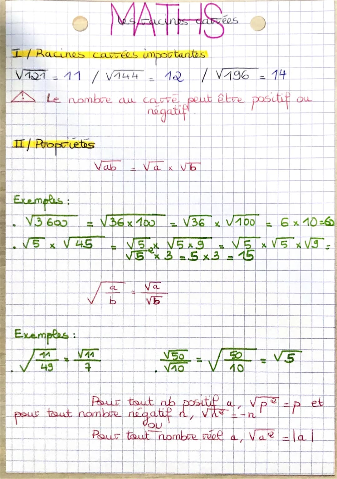 I/ Racines cartées importantes.
√121 = 11 / √144
A Le nombre au carre peut être positif
négatif
II/ Proprietes
Exemples:
V3600
√5
X
V 45
Exe