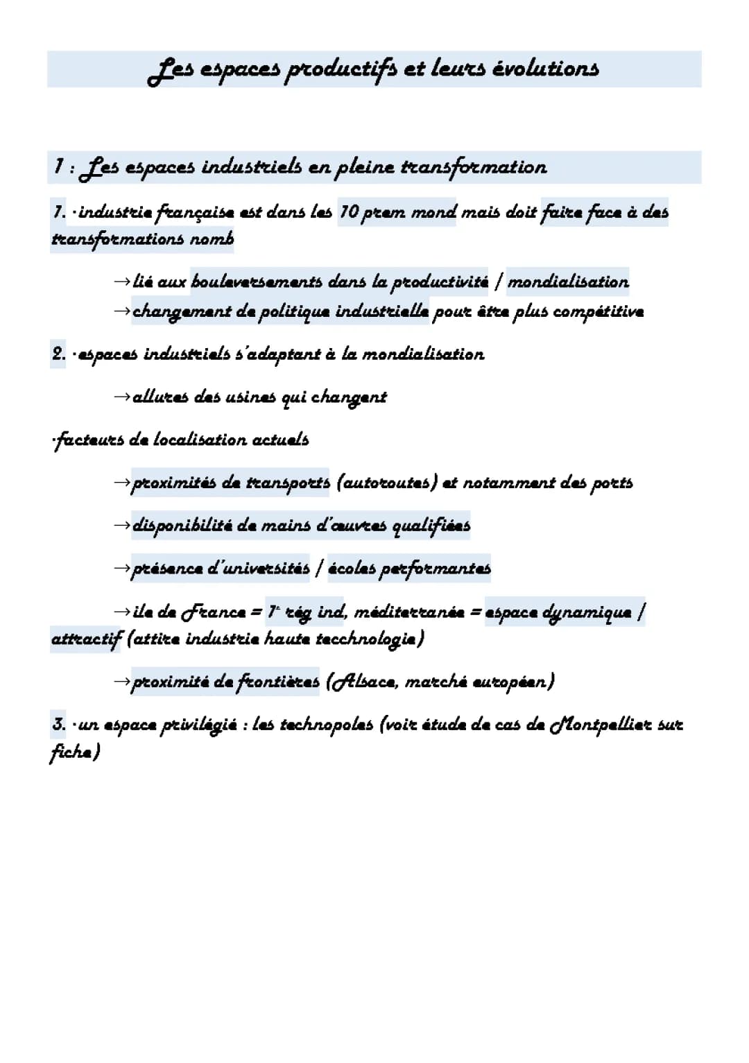 Les Espaces Productifs en France et Leurs Évolutions - Fiche de Révision