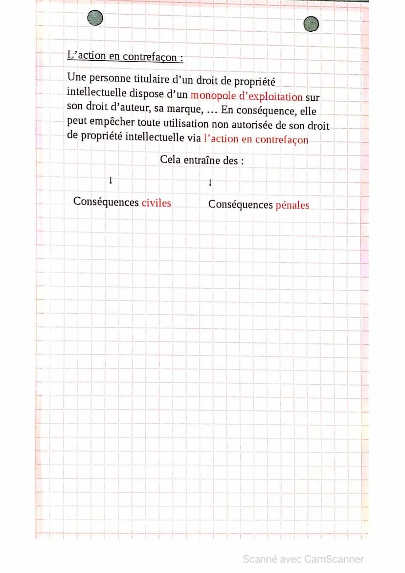 L'action en contrefaçon :
Une personne titulaire d'un droit de propriété
intellectuelle dispose d'un monopole d'exploitation sur
son droit d