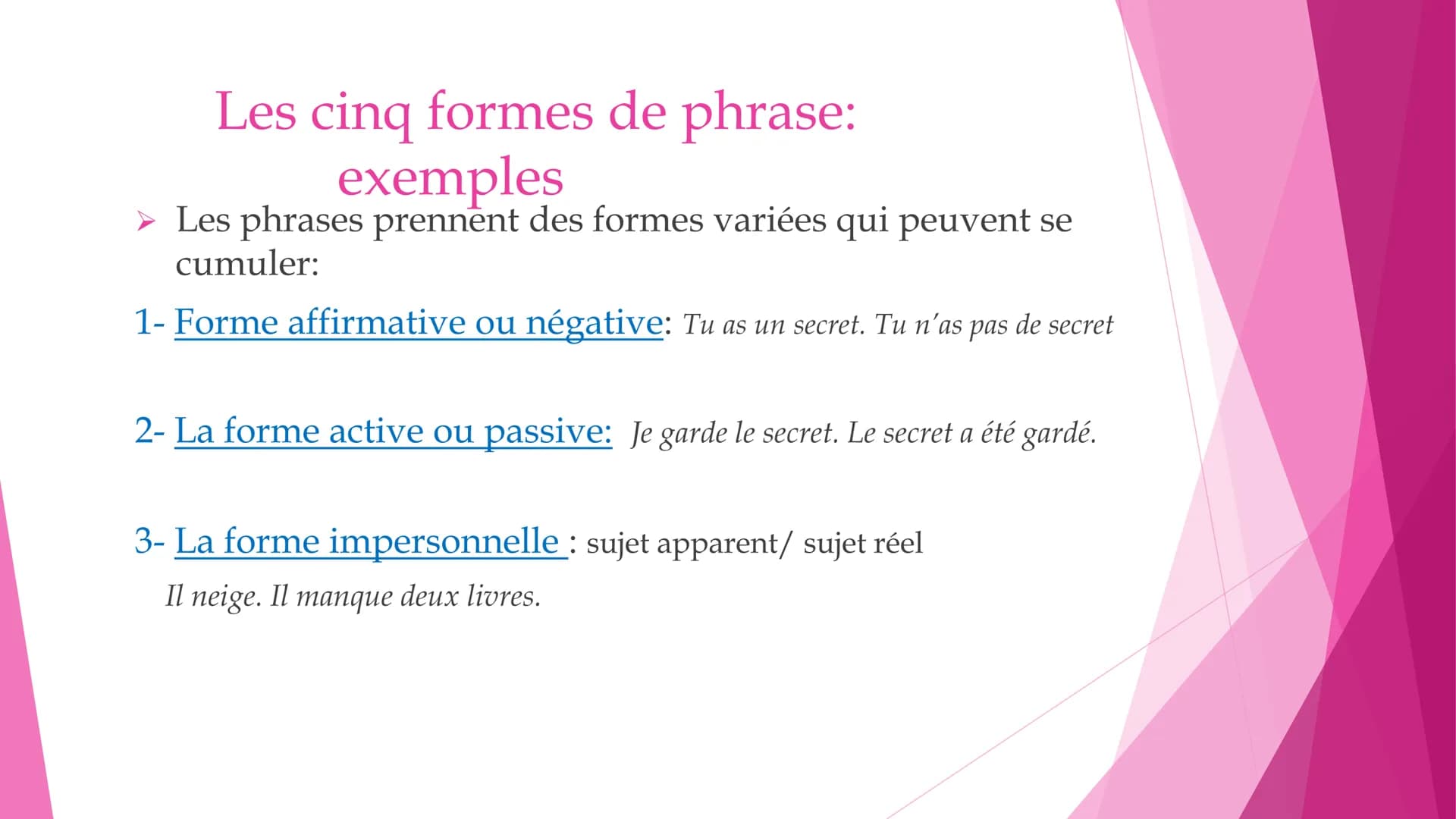 Les quatre types de phrase
1- La phrase déclarative (affirmer ou nier): Jean (n') est (pas) content.
2- La phrase interrogative (interroger)