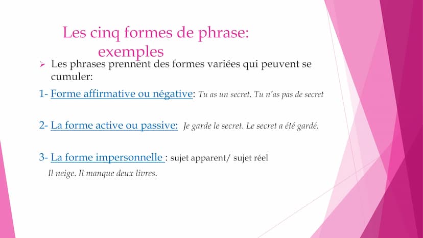 Les quatre types de phrase
1- La phrase déclarative (affirmer ou nier): Jean (n') est (pas) content.
2- La phrase interrogative (interroger)