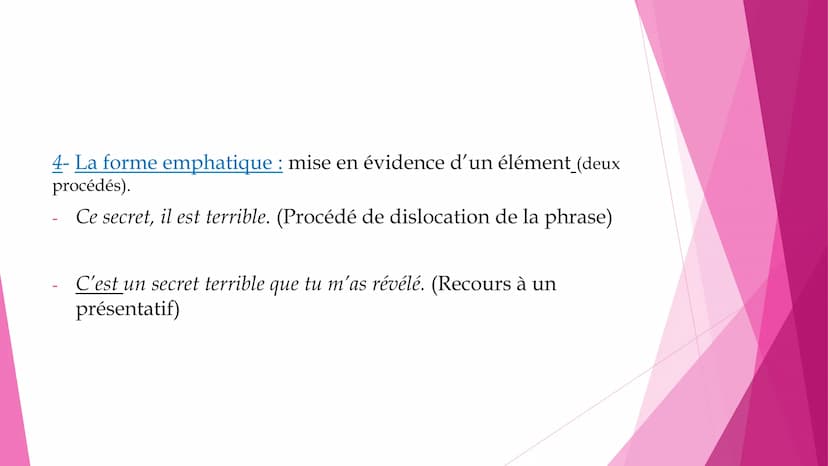 Les quatre types de phrase
1- La phrase déclarative (affirmer ou nier): Jean (n') est (pas) content.
2- La phrase interrogative (interroger)