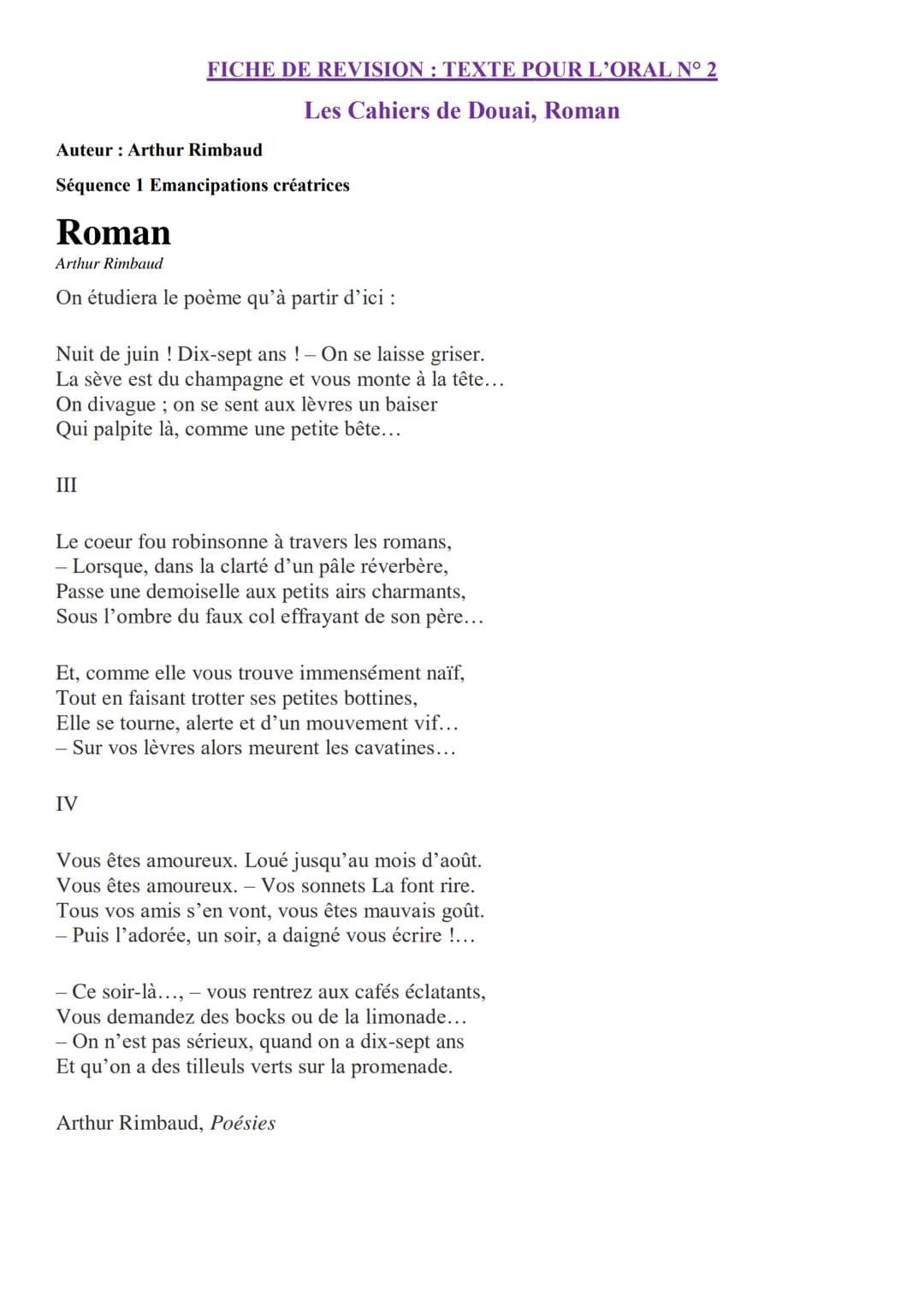 FICHE DE REVISION: TEXTE POUR L'ORAL N° 2
Auteur: Arthur Rimbaud
Les Cahiers de Douai, Roman
Séquence 1 Emancipations créatrices
Roman
Arthu