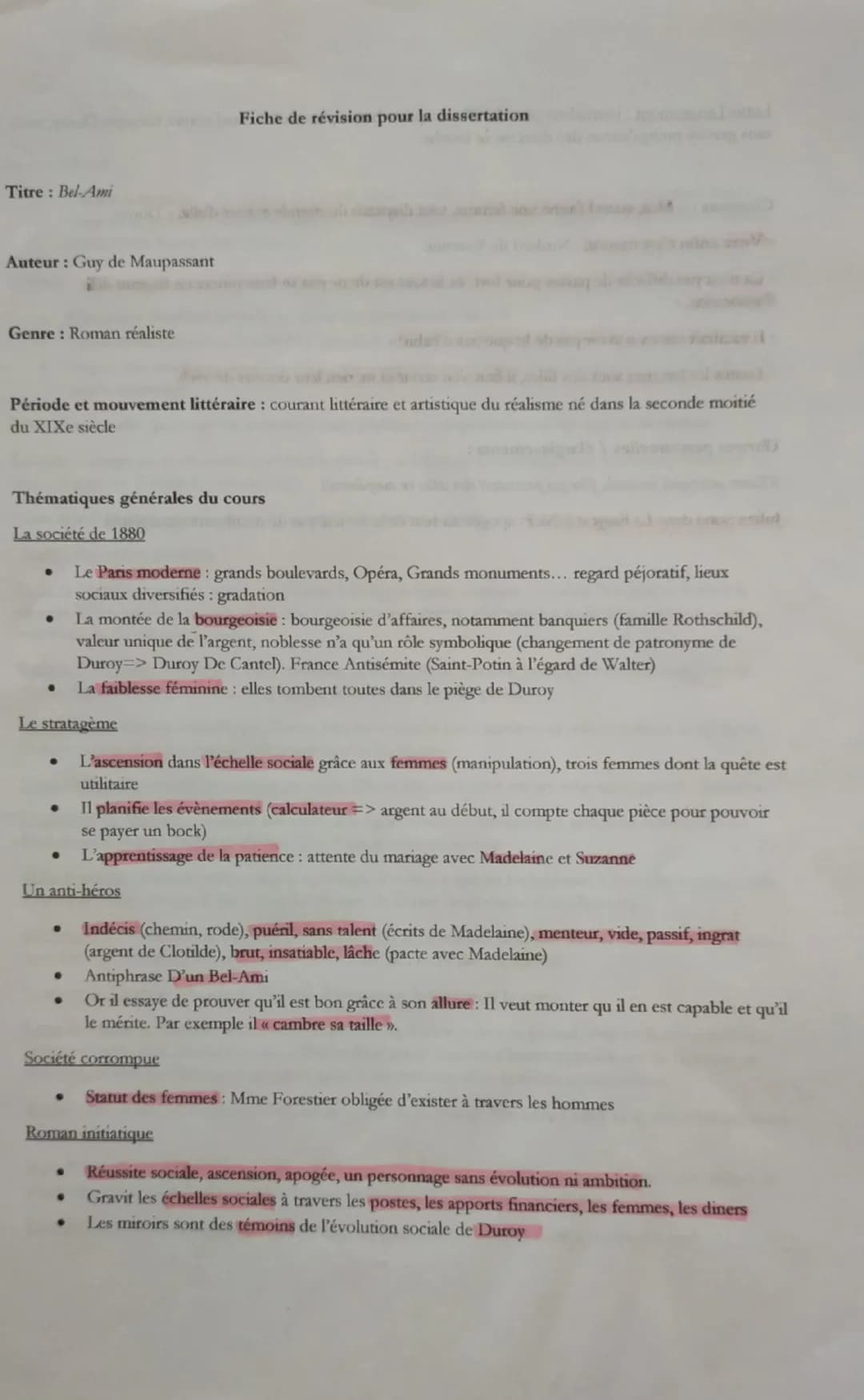 Titre: Bel-Ami
Auteur: Guy de Maupassant
Genre: Roman réaliste
Fiche de révision pour la dissertation
Période et mouvement littéraire : cour