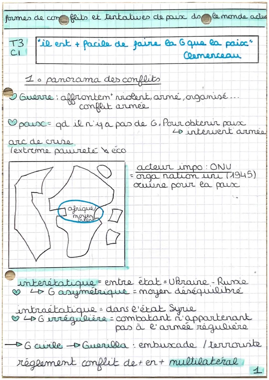 formes de com
flits et tentatives de paix do
T3 "il est + facile de faire la 6 que la paix"
Ci
Clemenceau
1o panorama des conflits
Guerre: a