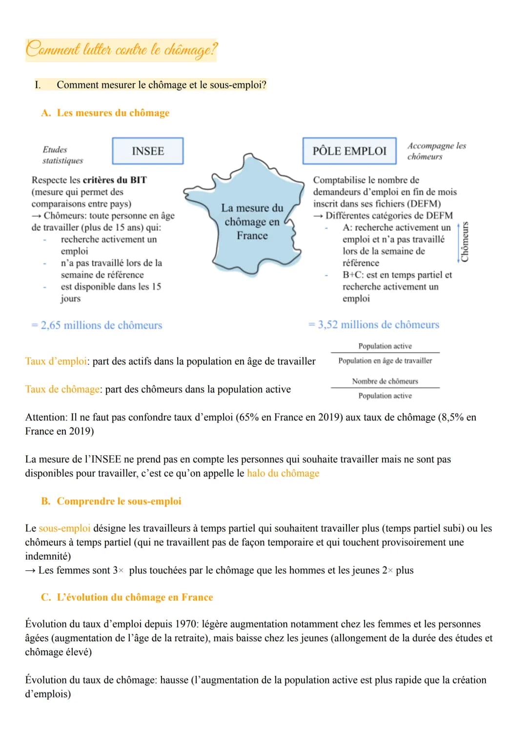 Comment lutter contre le chômage?
I. Comment mesurer le chômage et le sous-emploi?
A. Les mesures du chômage
Etudes
statistiques
INSEE
Respe