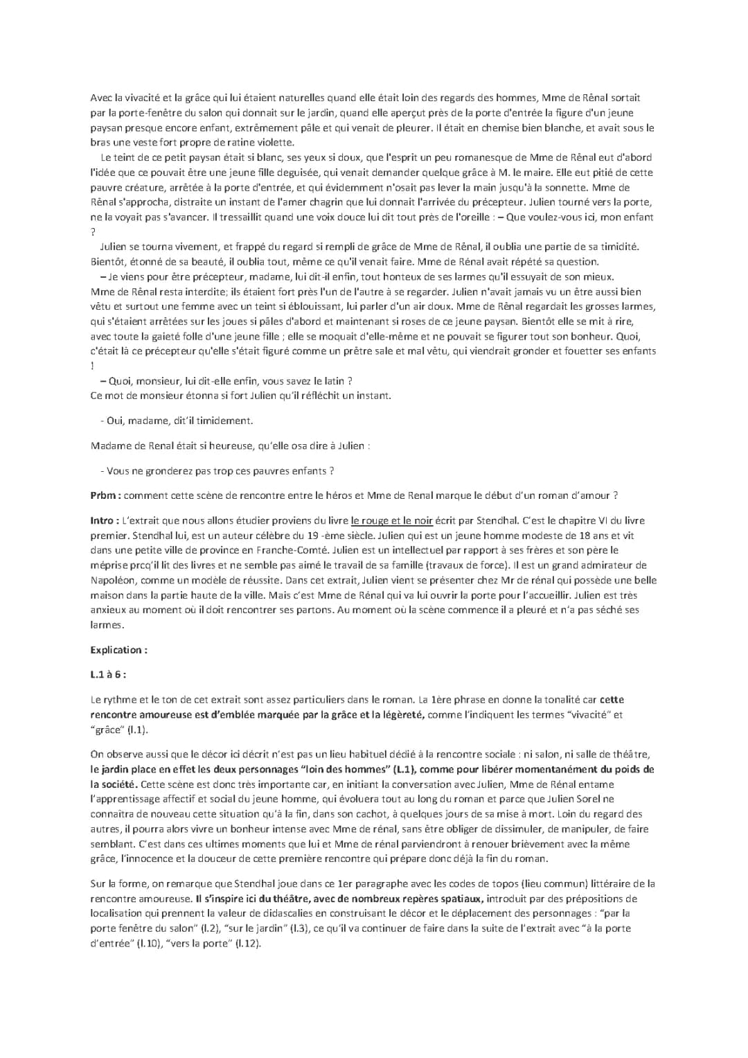 Le Rouge et le Noir : La rencontre amoureuse de Julien et Mme de Rênal - Analyse linéaire Chapitres 4, 6, 10