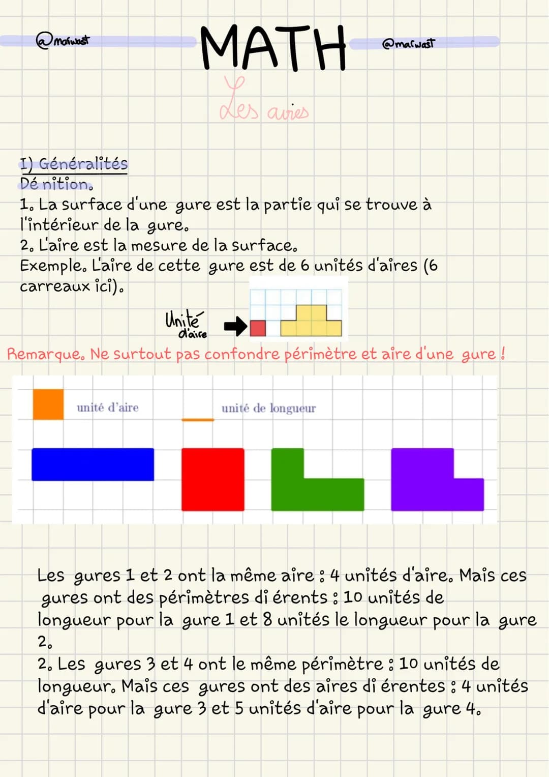 
<p>La définition de la surface d'une figure consiste à déterminer la partie à l'intérieur de la figure. L'aire quant à elle représente la m