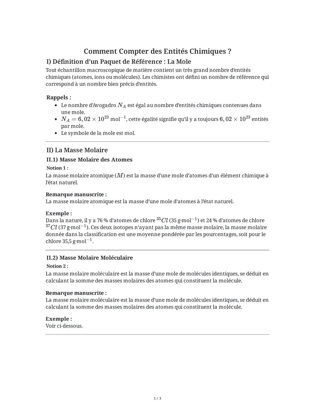 Comment Compter des Entités Chimiques ?
I) Définition d'un Paquet de Référence: La Mole
Tout échantillon macroscopique de matière contient u