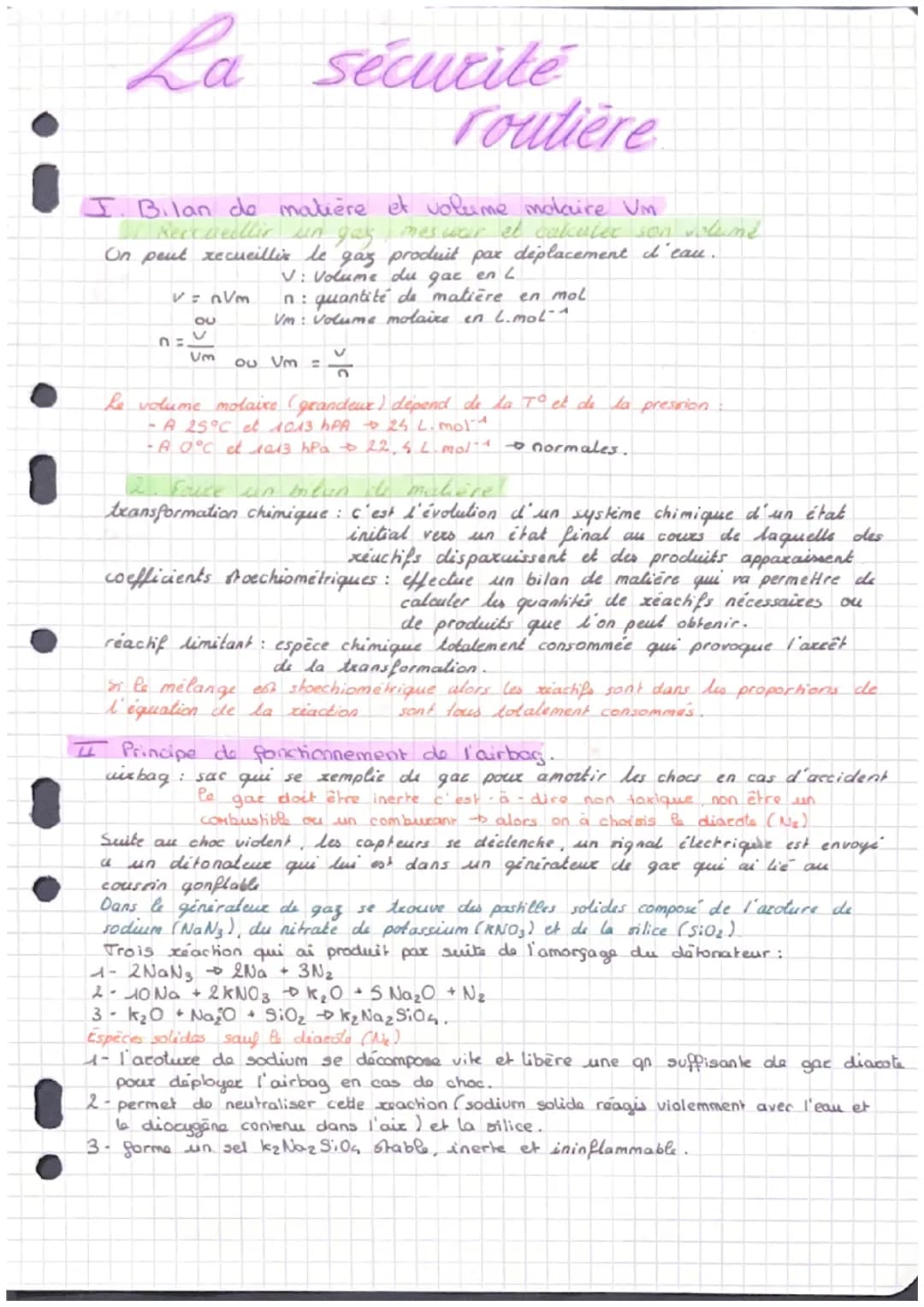 La sécurité
routière
I. Bilan de matière et volume molaire Un
/ Keccuedlir un gay meswaer et calculer son volume
On peut recueillir le gaz p