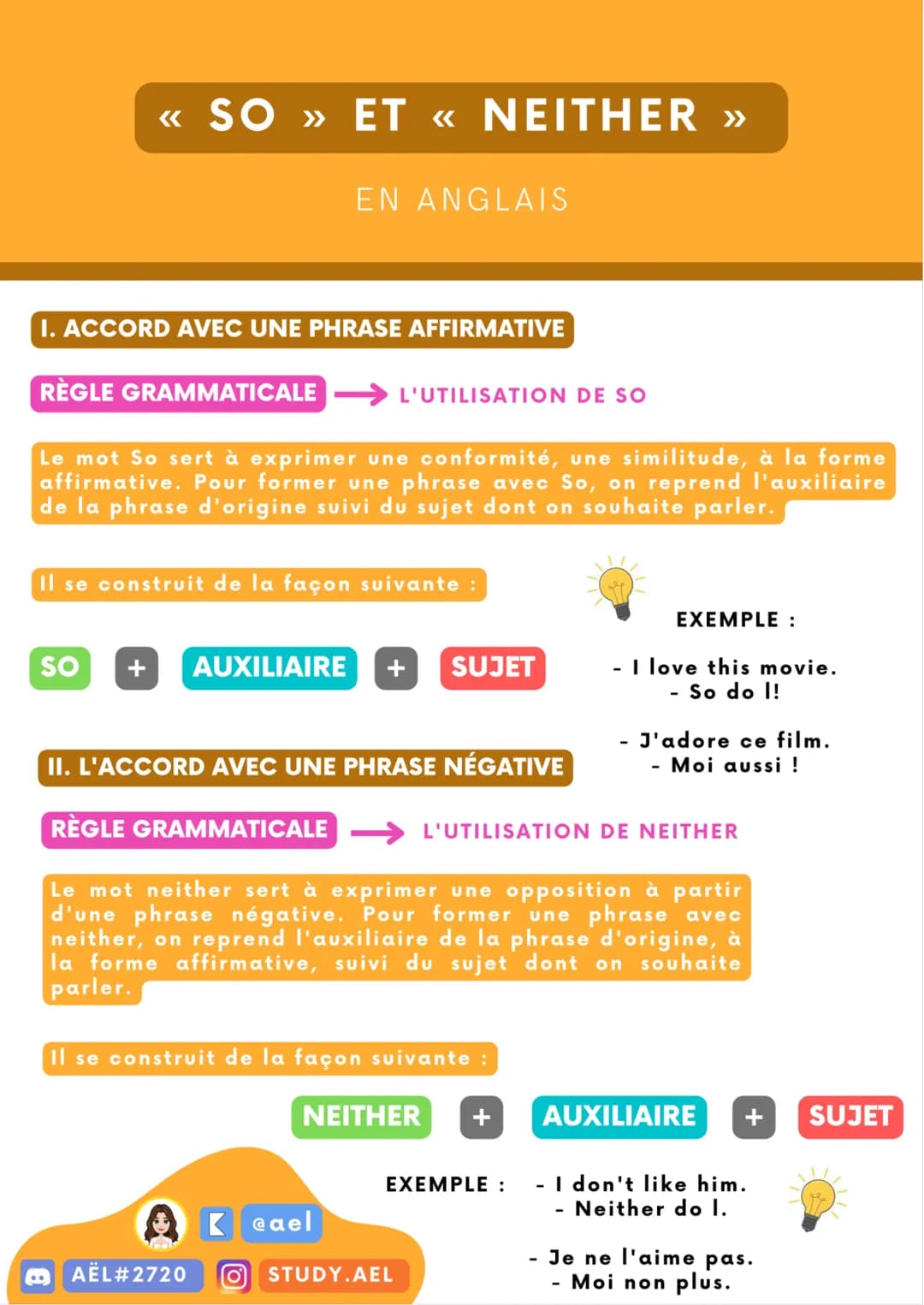 << SO » ET « NEITHER >>
EN ANGLAIS
I. ACCORD AVEC UNE PHRASE AFFIRMATIVE
RÈGLE GRAMMATICALE L'UTILISATION DE SO
Le mot So sert à exprimer un