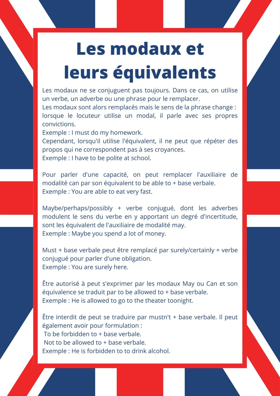 Les modaux et
leurs équivalents
Les modaux ne se conjuguent pas toujours. Dans ce cas, on utilise
un verbe, un adverbe ou une phrase pour le