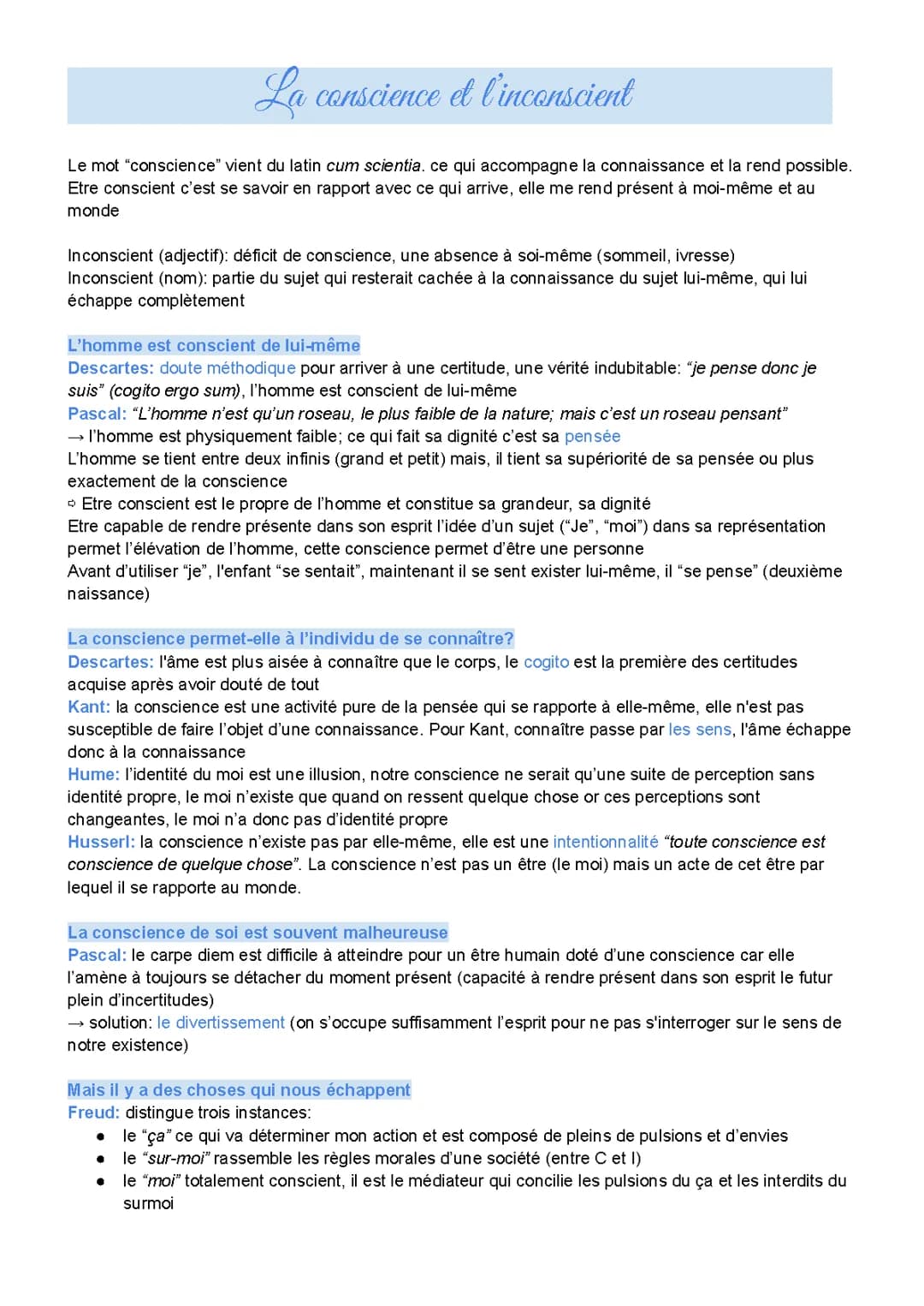La conscience et l'inconscient en philosophie - Résumé et sujets corrigés PDF