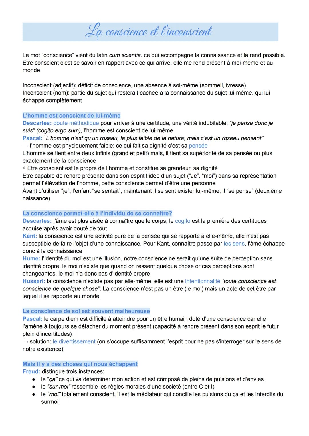 La conscience et l'inconscient
Le mot "conscience" vient du latin cum scientia. ce qui accompagne la connaissance et la rend possible.
Etre 