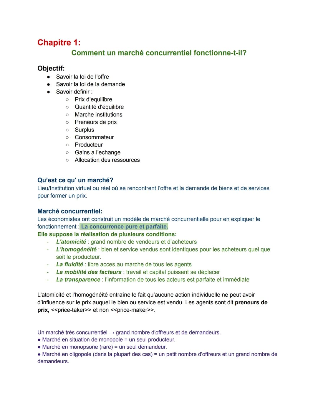 Chapitre 1:
Objectif:
●
●
●
Comment un marché concurrentiel fonctionne-t-il?
Savoir la loi de l'offre
Savoir la loi de la demande
Savoir def