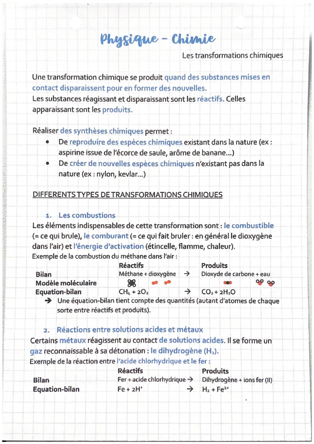 Les transformations chimiques
Une transformation chimique se produit quand des substances mises en
contact disparaissent pour en former des 