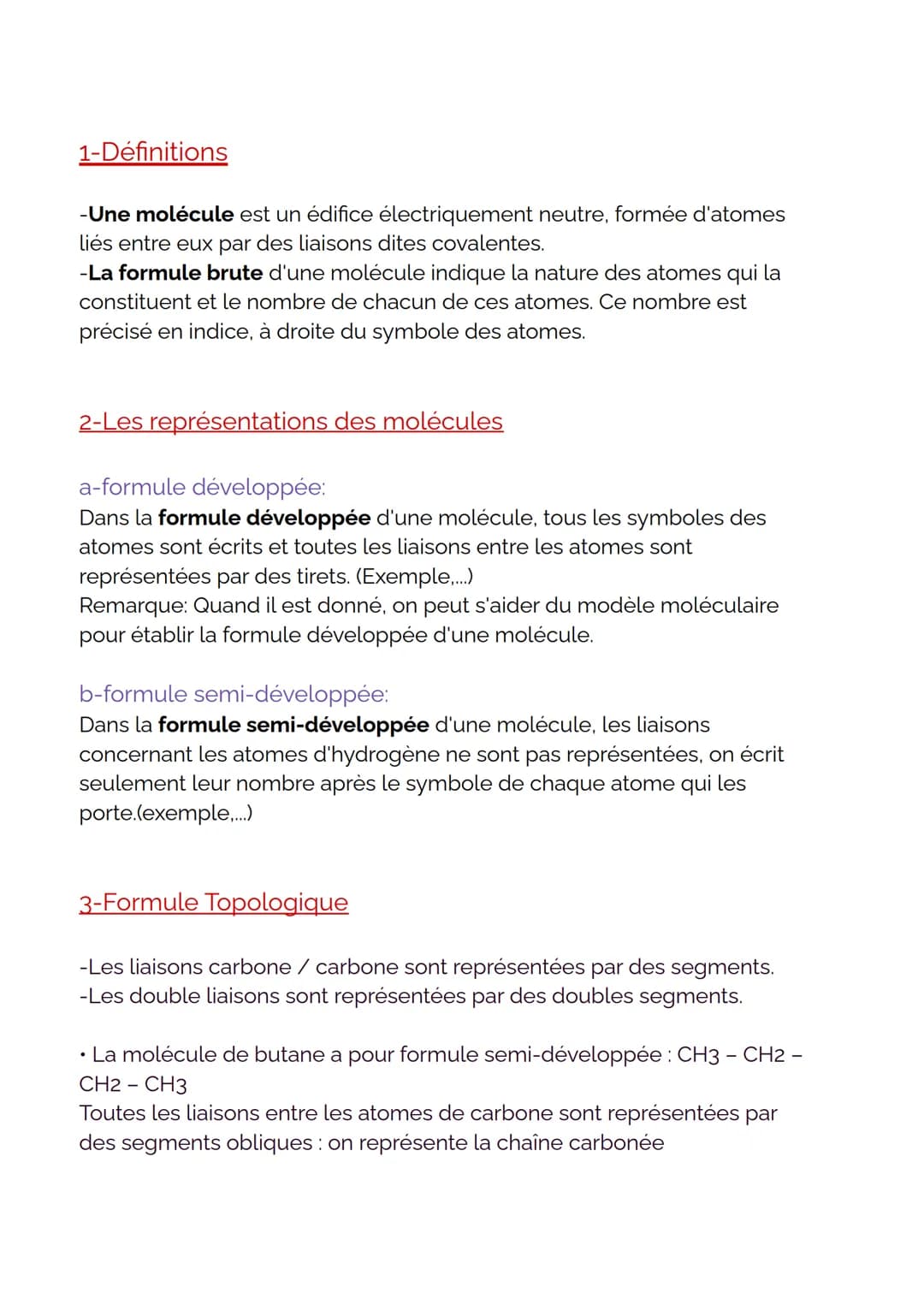 1-Définitions
-Une molécule est un édifice électriquement neutre, formée d'atomes
liés entre eux par des liaisons dites covalentes.
-La form