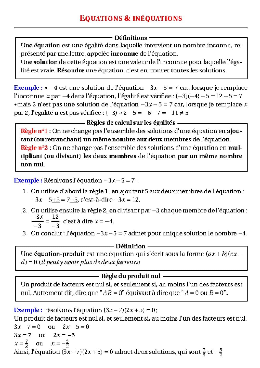 Équations et inéquations : exercices corrigés PDF pour les jeunes
