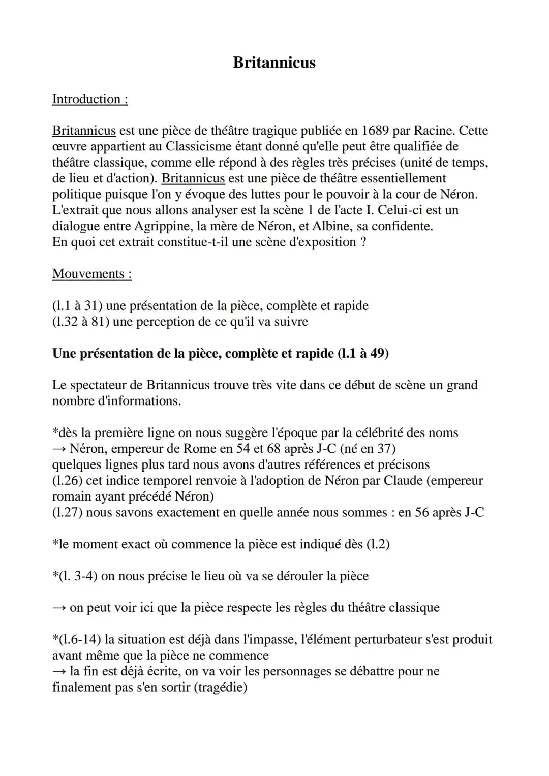 Introduction :
Britannicus
Britannicus est une pièce de théâtre tragique publiée en 1689 par Racine. Cette
œuvre appartient au Classicisme é