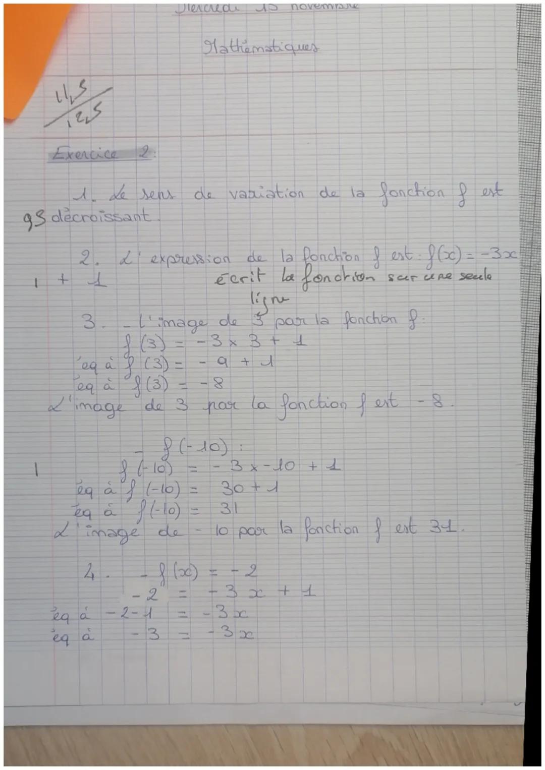 S
125
Exercice
2.
D'encredi
45.
novembre
Mathematiques
I de sens
93 decroissant
+
de variation de la fonction f est
2. L'expression de la fo