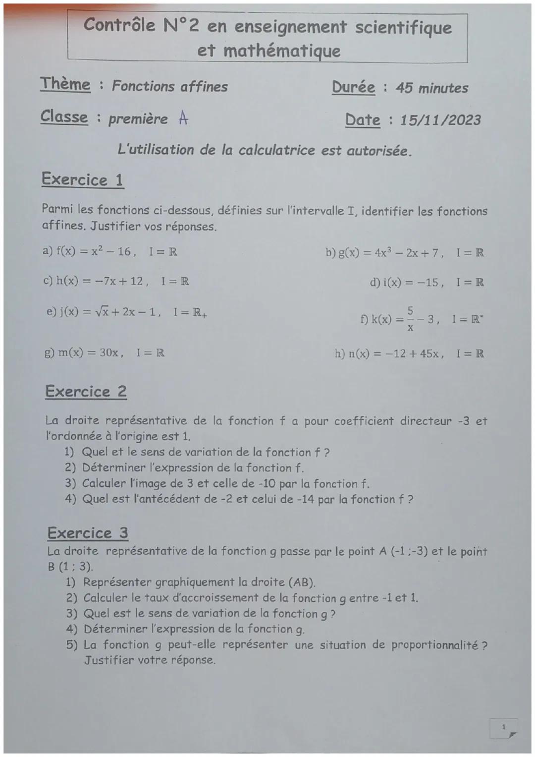 S
125
Exercice
2.
D'encredi
45.
novembre
Mathematiques
I de sens
93 decroissant
+
de variation de la fonction f est
2. L'expression de la fo