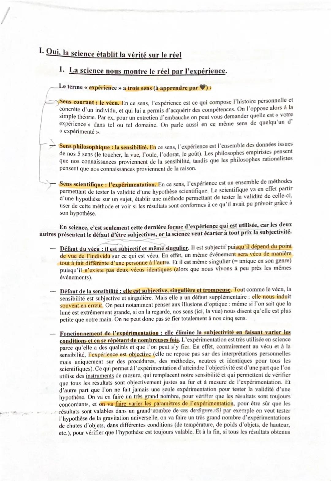 I. Oui, la science établit la vérité sur le réel
1. La science nous montre le réel par l'expérience.
Le terme << expérience >> a trois sens 