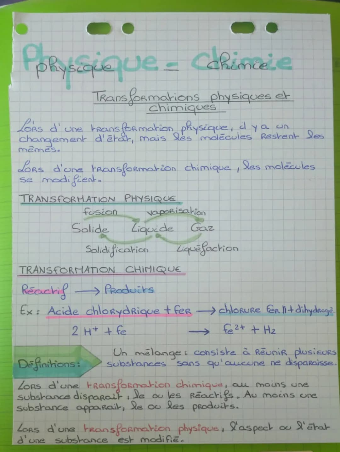 PoRysique = CdRinele
Transformations physiques et
chimiques
Lors d'une transformation physique, dya un
changement d'état, mais les molécules