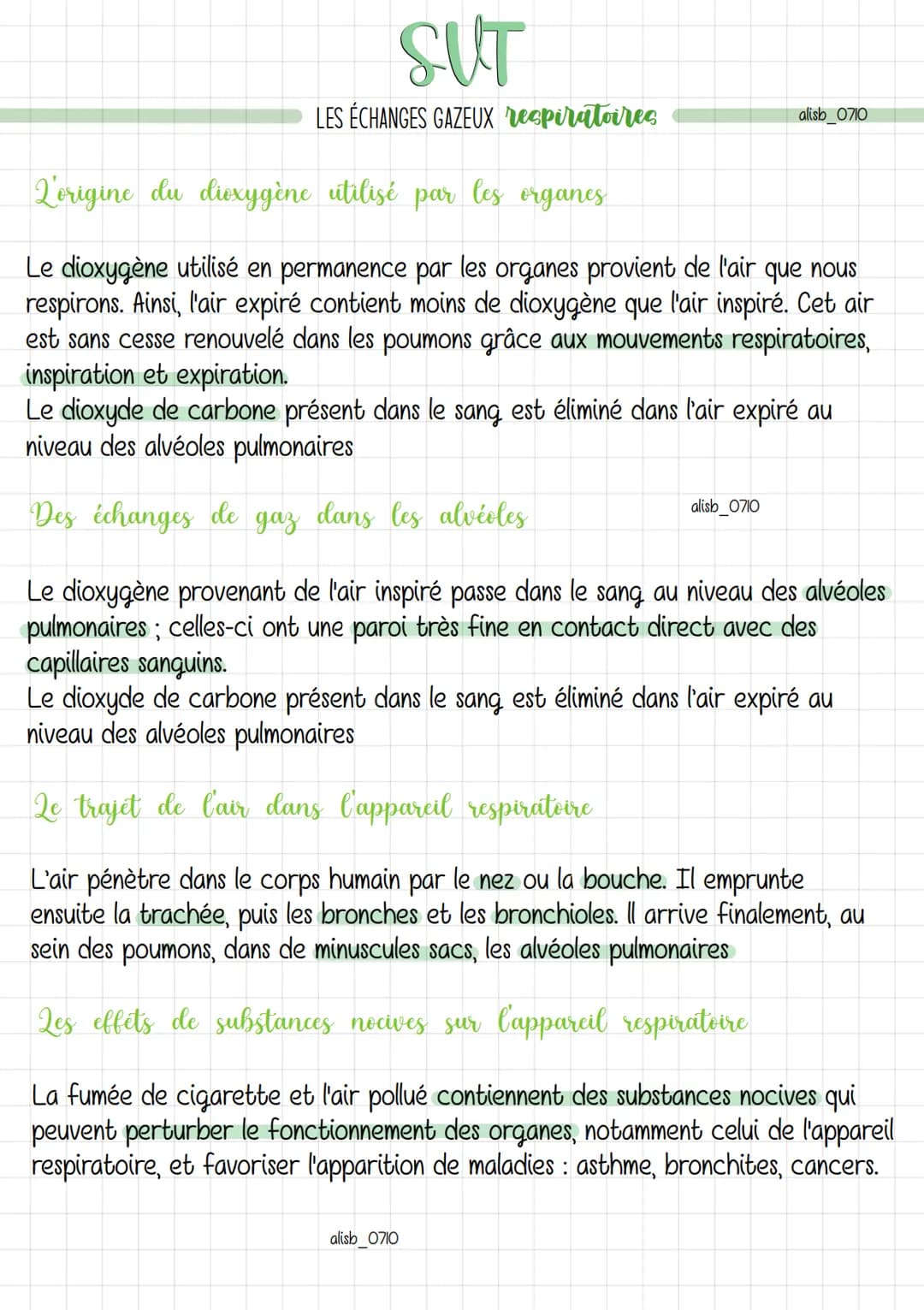 SUT
LES ÉCHANGES GAZEUX respiratoires
L'origine du dioxygène utilisé par les organes
Le dioxygène utilisé en permanence par les organes prov