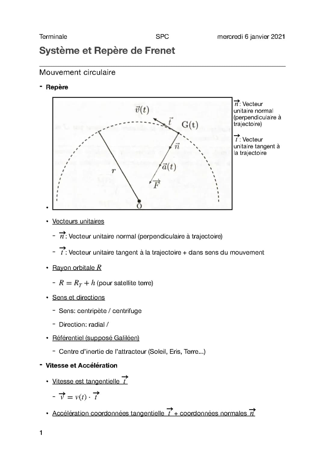 Système de Frenet et Mouvement Circulaire: Vecteurs, Force Centrifuge et Lois de Kepler pour Term