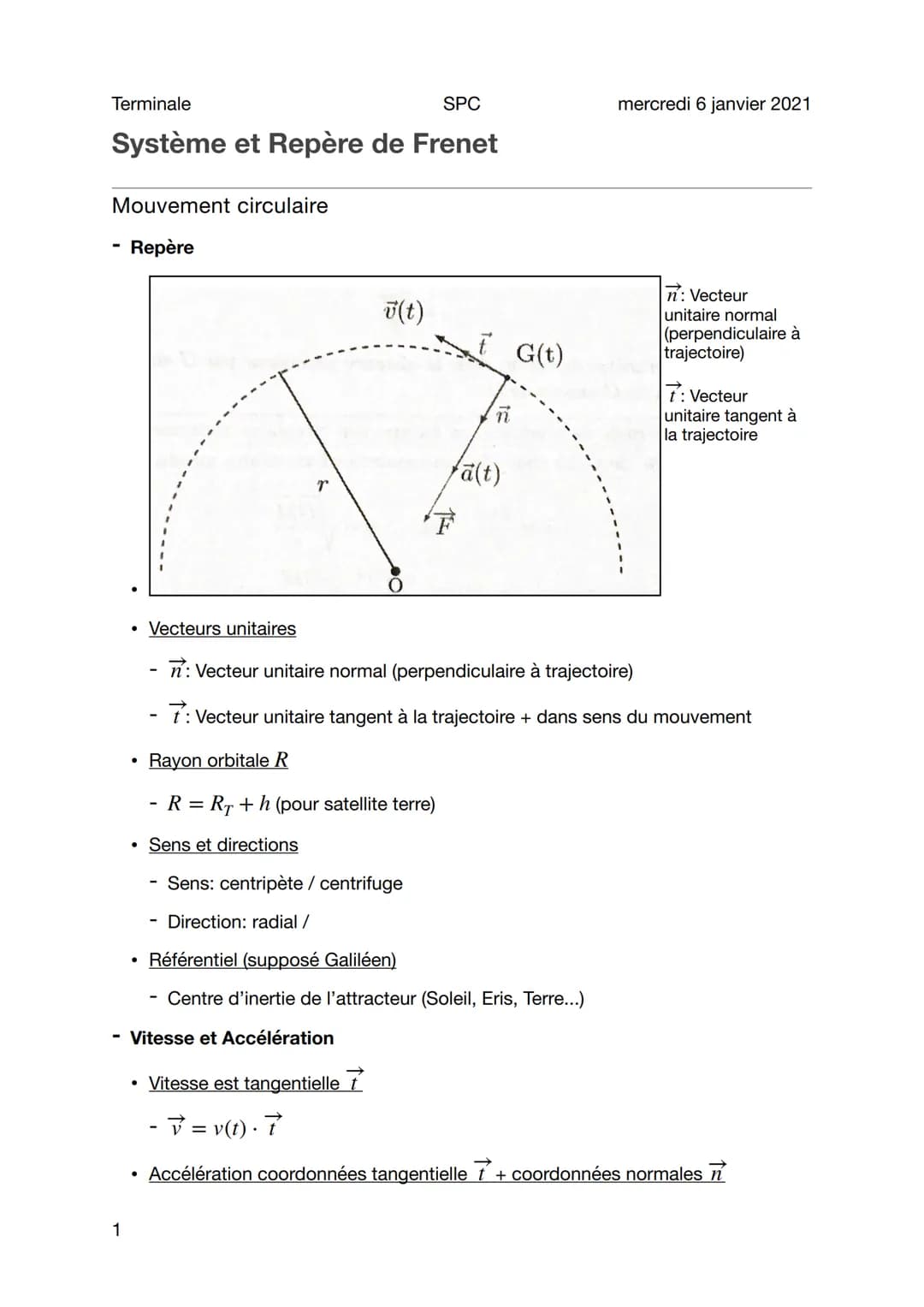 Terminale
SPC
Système et Repère de Frenet
Mouvement circulaire
Repère
1
•
.
v(t)
●
t G(t)
fa(t)
mercredi 6 janvier 2021
• Vecteurs unitaires