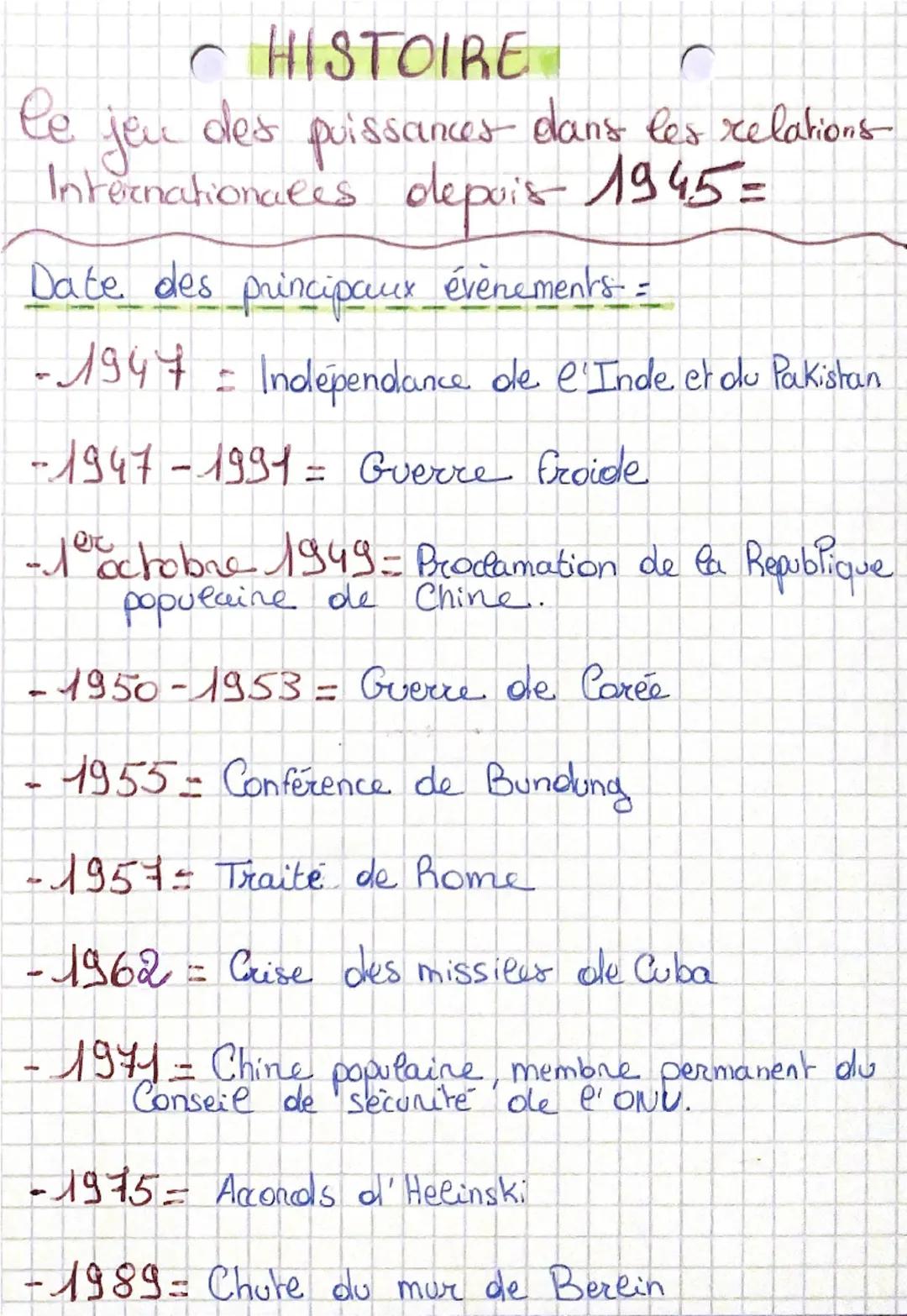 # HISTOIRE

le jeu des puissances dans les xelations
Internationales depuis 1945=

Date des principaux évènements =

- 1947 = Indépendance d