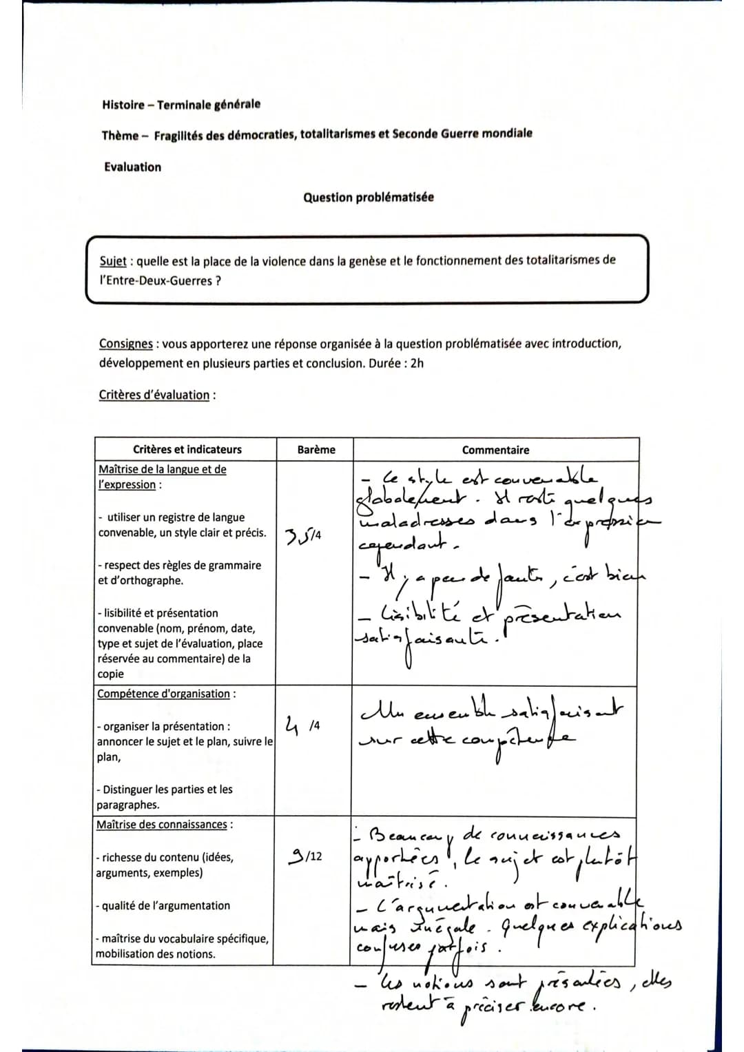 Histoire - Terminale générale
Thème Fragilités des démocraties, totalitarismes et Seconde Guerre mondiale
Evaluation
Sujet : quelle est la p