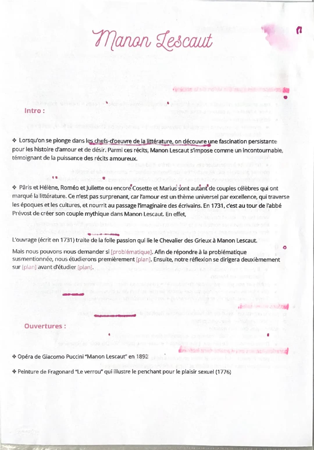Fiche dissertation Manon Lescaut 