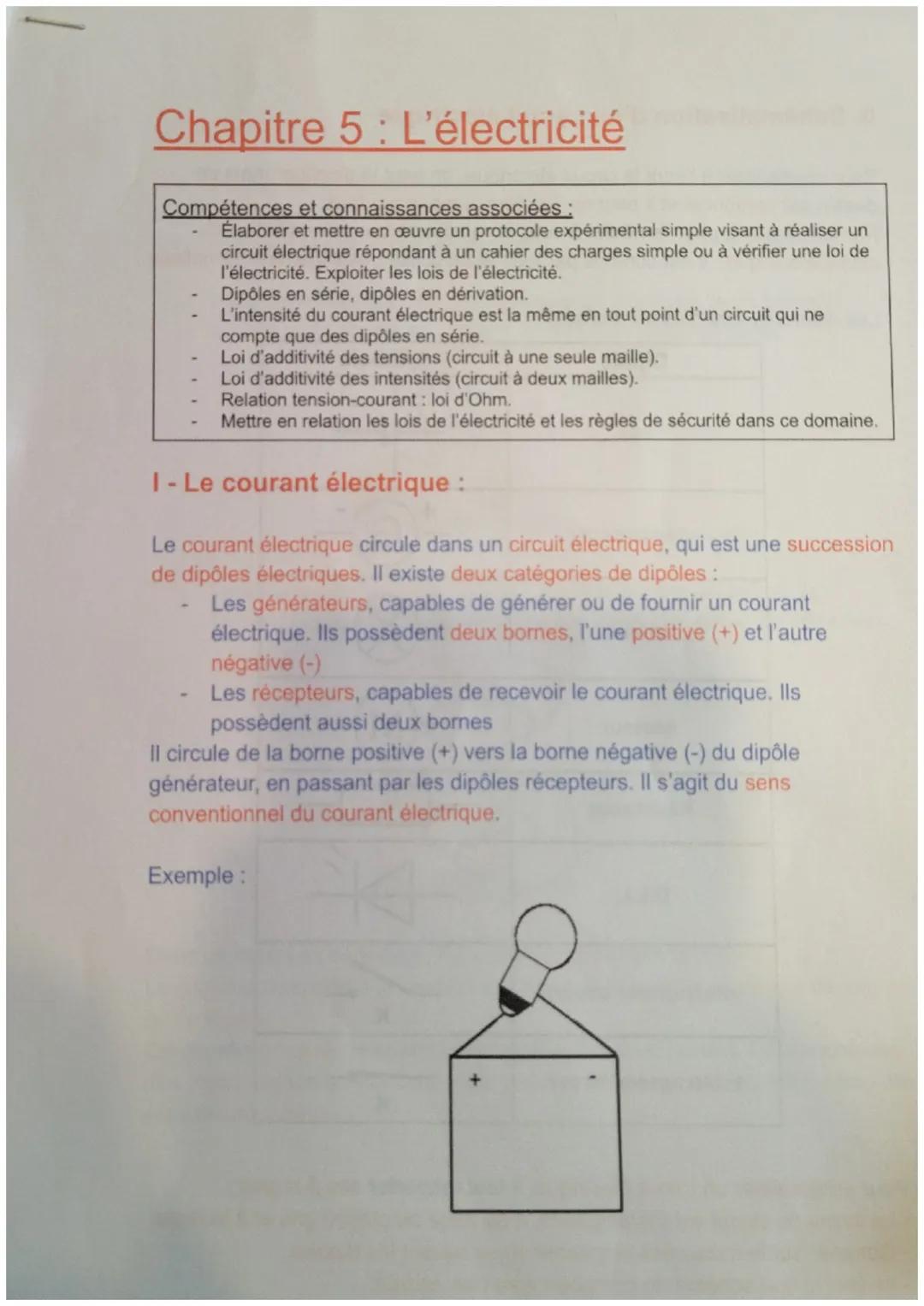 # Chapitre 5 : L'électricité

Compétences et connaissances associées:
- Élaborer et mettre en œuvre un protocole expérimental simple visant 