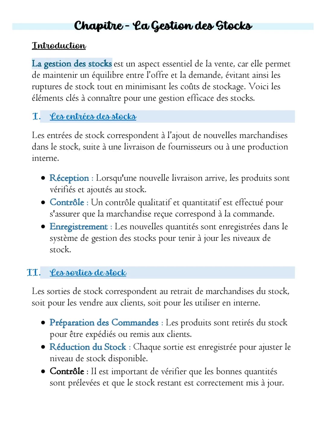 La gestion des stocks