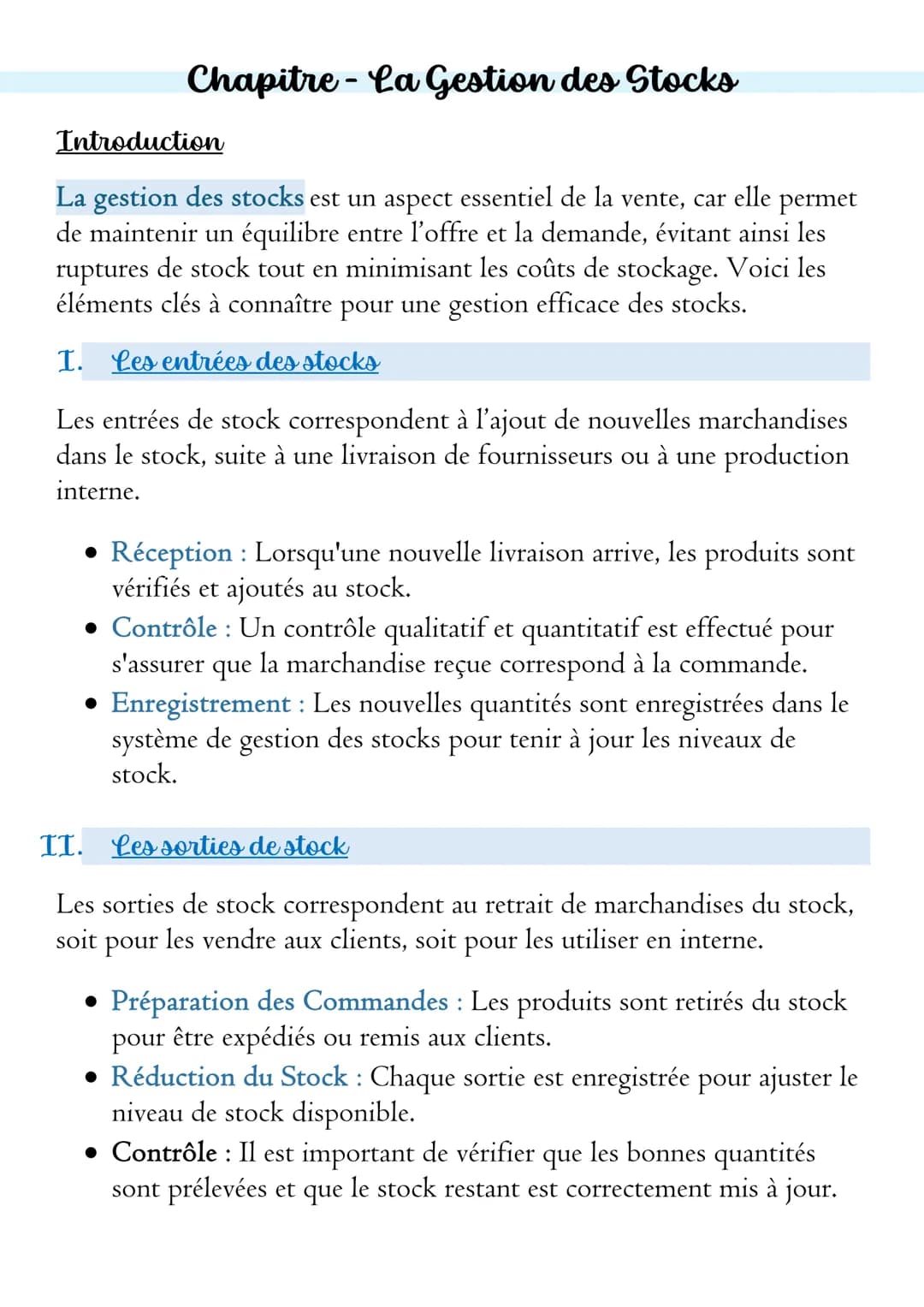Chapitre - La Gestion des Stocks
Introduction
La gestion des stocks est un aspect essentiel de la vente, car elle permet
de maintenir un équ