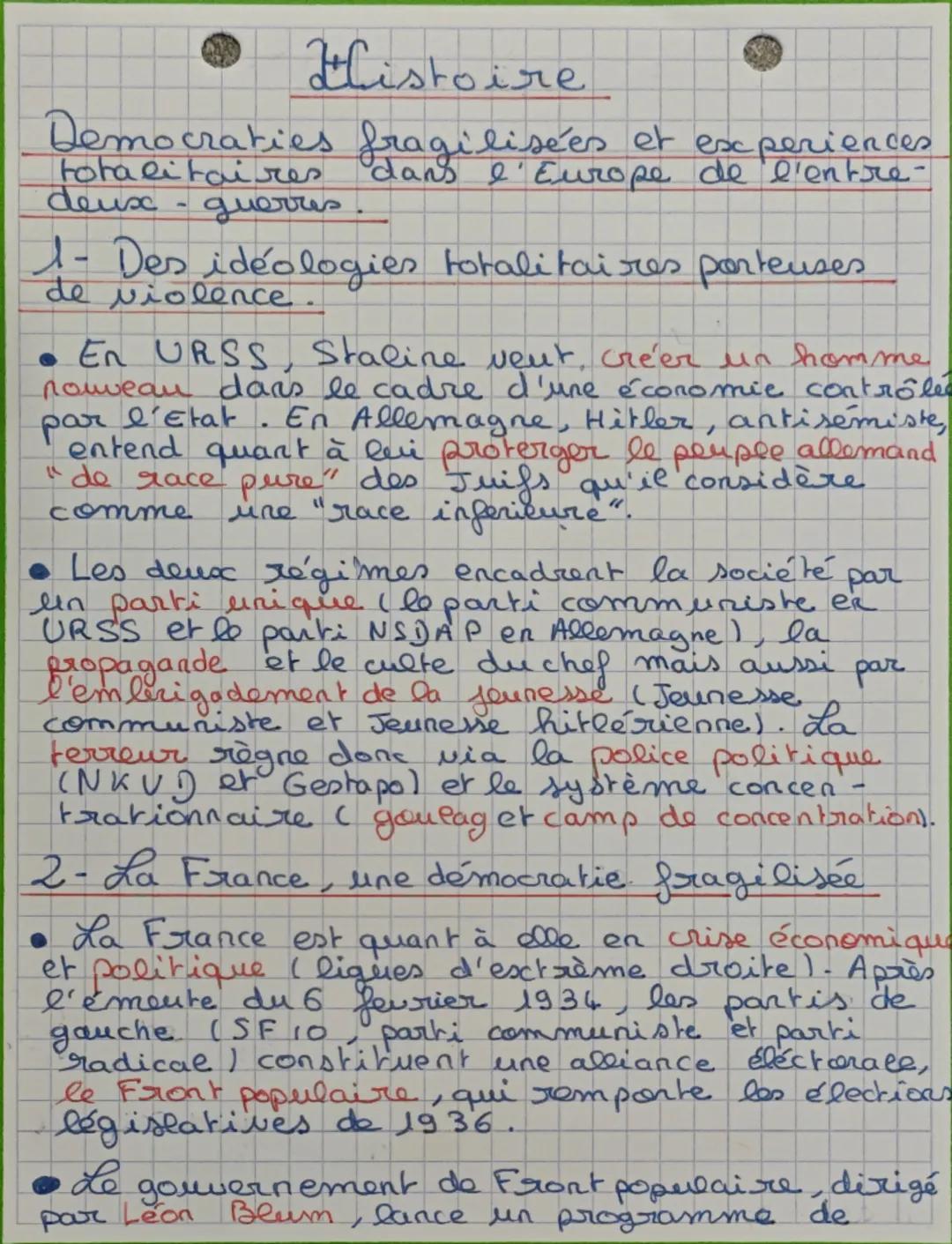 Histoire
Democraties fragilisées et experiences
dans l'Europe de l'entre-
totalitaires
deux
guerres
- Des idéologies totalitaires porteuses
