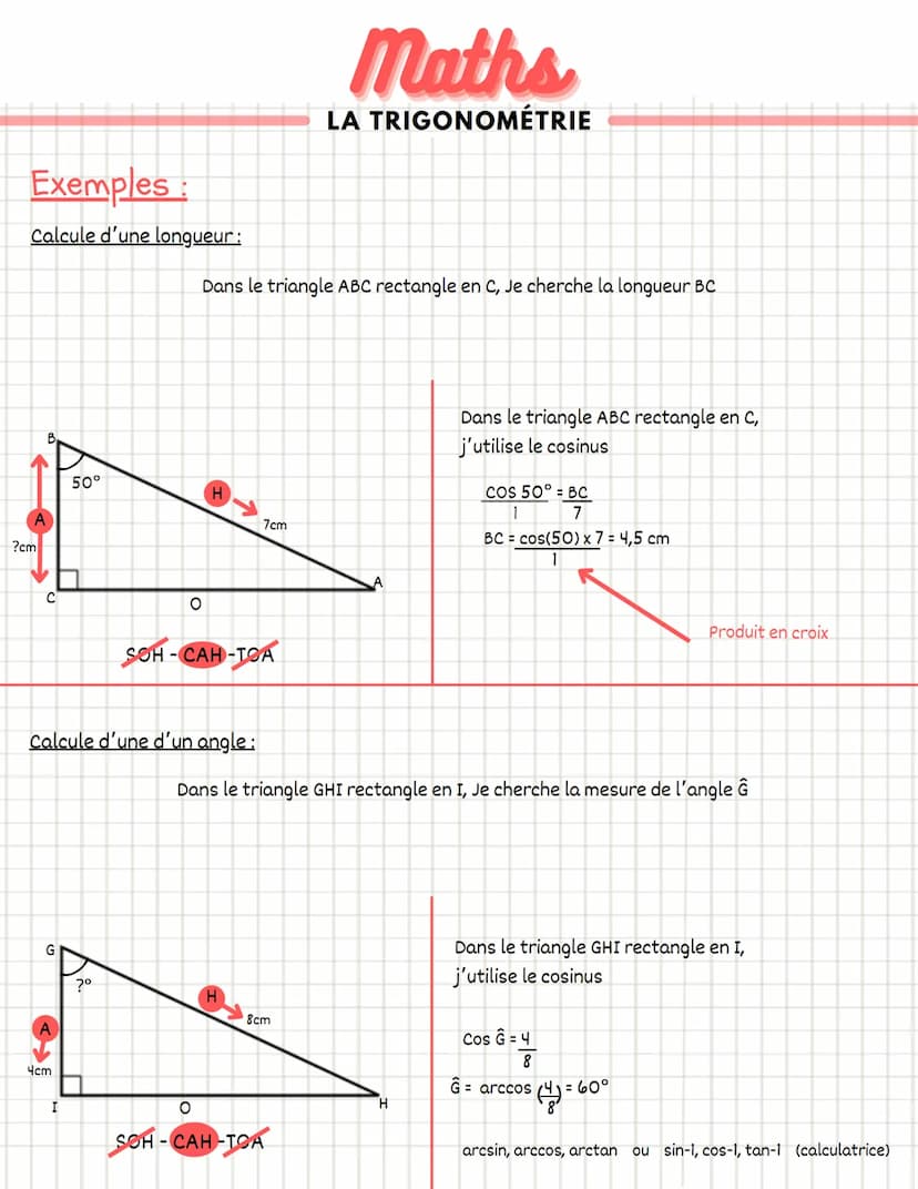 Maths
LA TRIGONOMÉTRIE
Définition:
La trigonométrie sert à calculer soit :
⚫un angle sur un triangle en ayant 2 longueurs
Toujours sur un tr