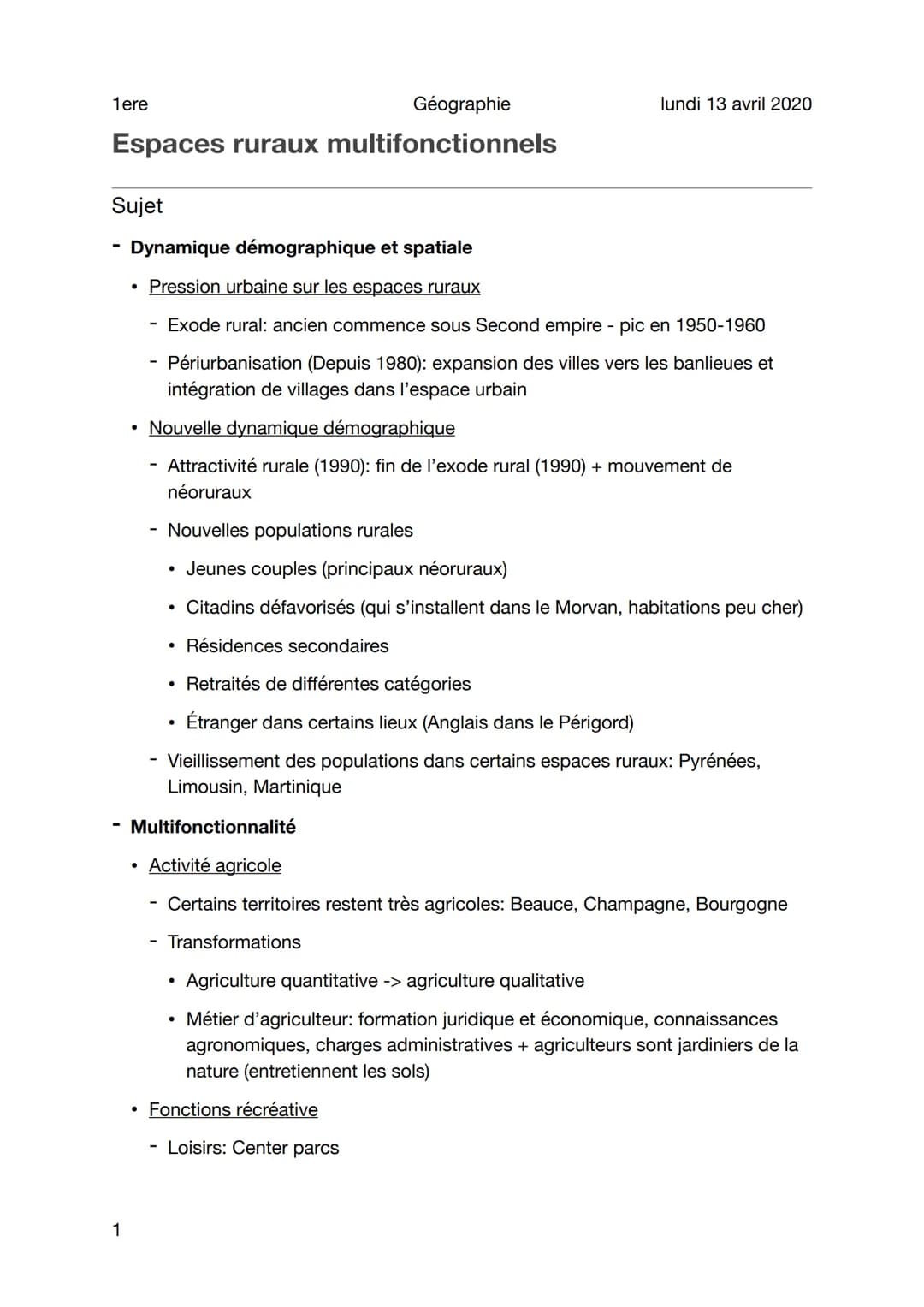 1ere
Géographie
Espaces ruraux multifonctionnels
Sujet
1
Dynamique démographique et spatiale
Pression urbaine sur les espaces ruraux
Exode r