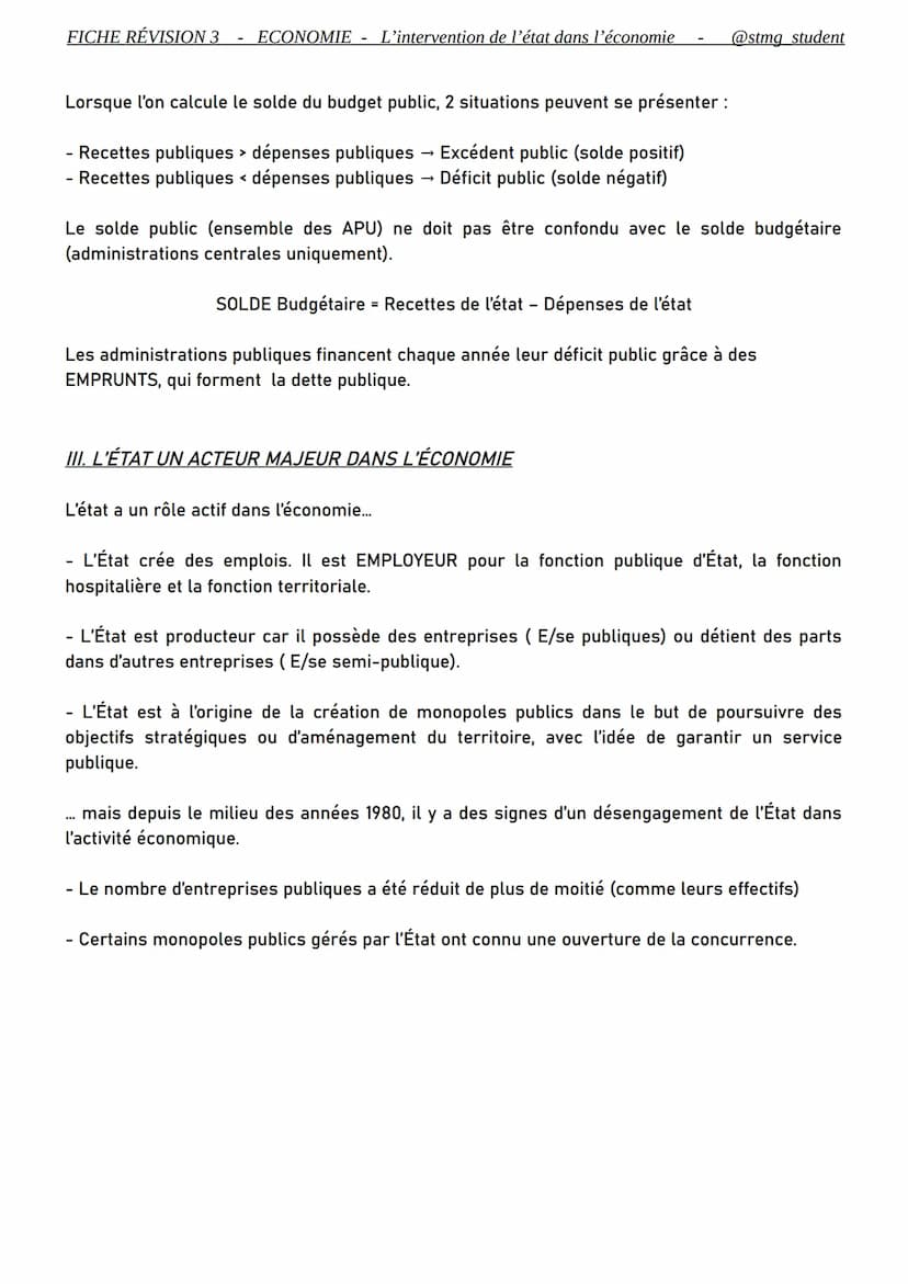 FICHE RÉVISION 3
ECONOMIE - L'intervention de l'état dans l'économie
@stmg student
THÈME COMMENT L'ETAT PEUT-IL INTERVENIR
DANS L'ECONOMIE
C
