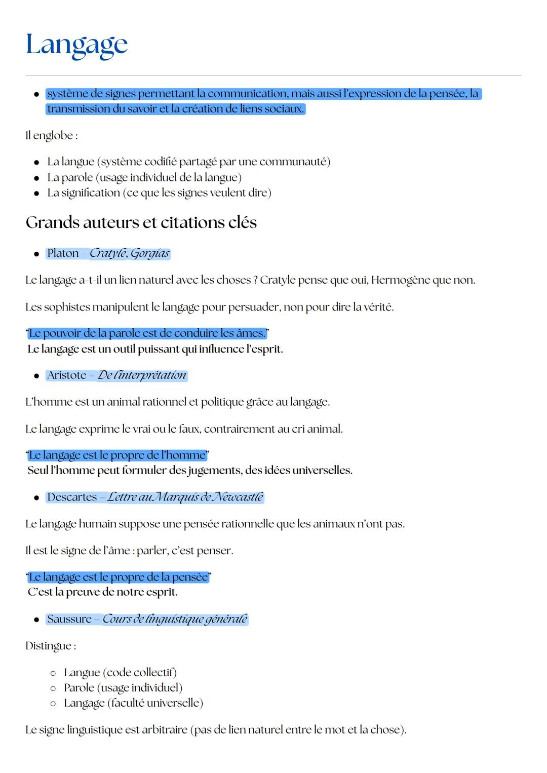 Langage
• système de signes permettant la communication, mais aussi l'expression de la pensée, la
transmission du savoir et la création de l