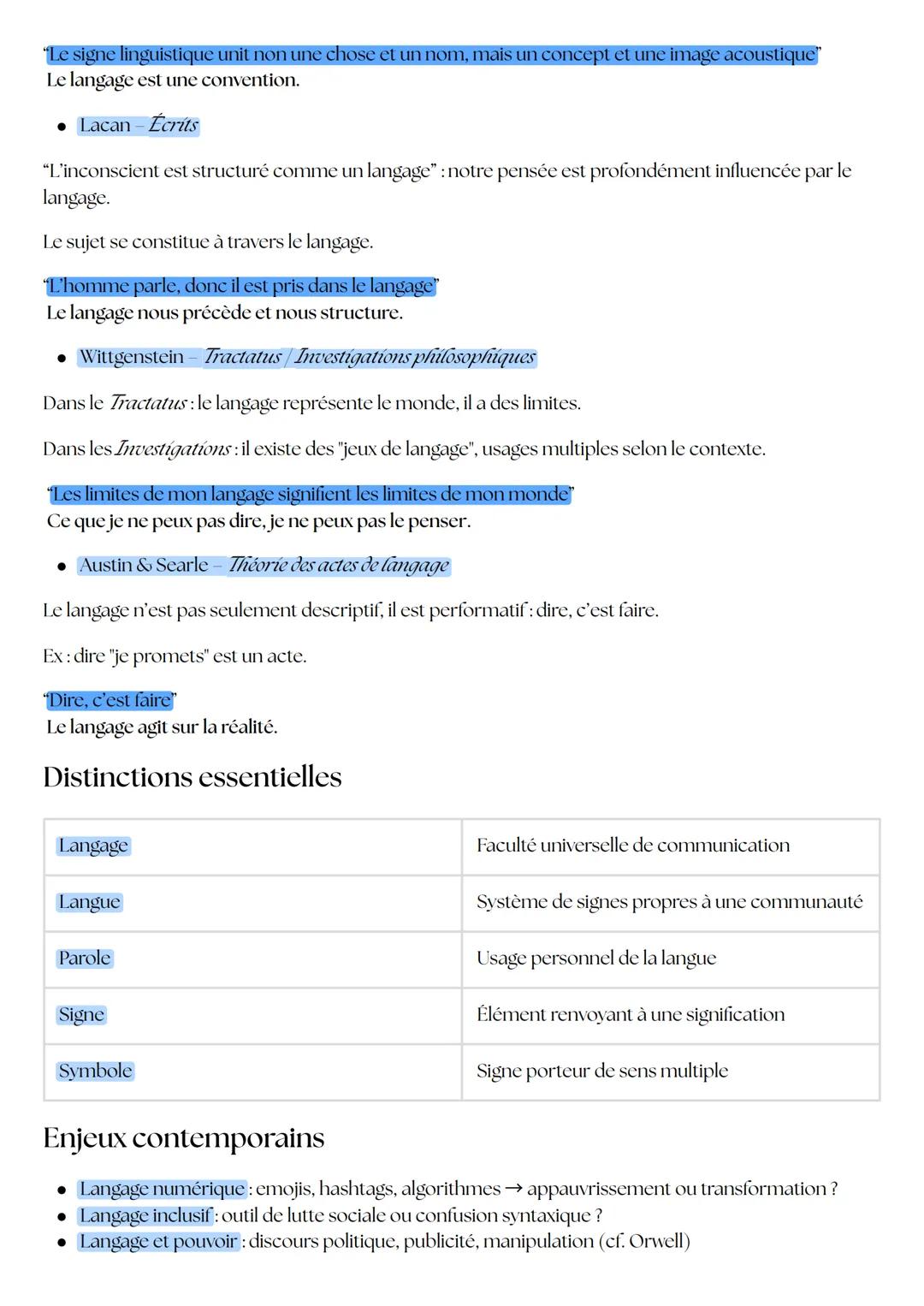 Langage
• système de signes permettant la communication, mais aussi l'expression de la pensée, la
transmission du savoir et la création de l