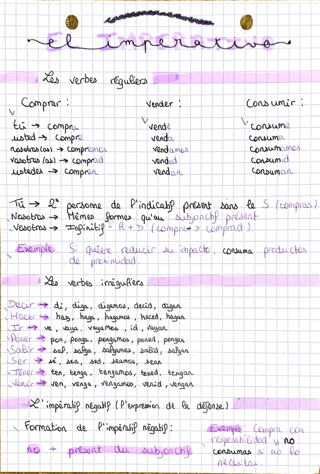 15
nel
Comprar:
Les verbes réguliers
imperat
tu compro
usted → Compre
nosotras (as) → compremos.
vosotras (as) → comprad
ustedes compren
Ven