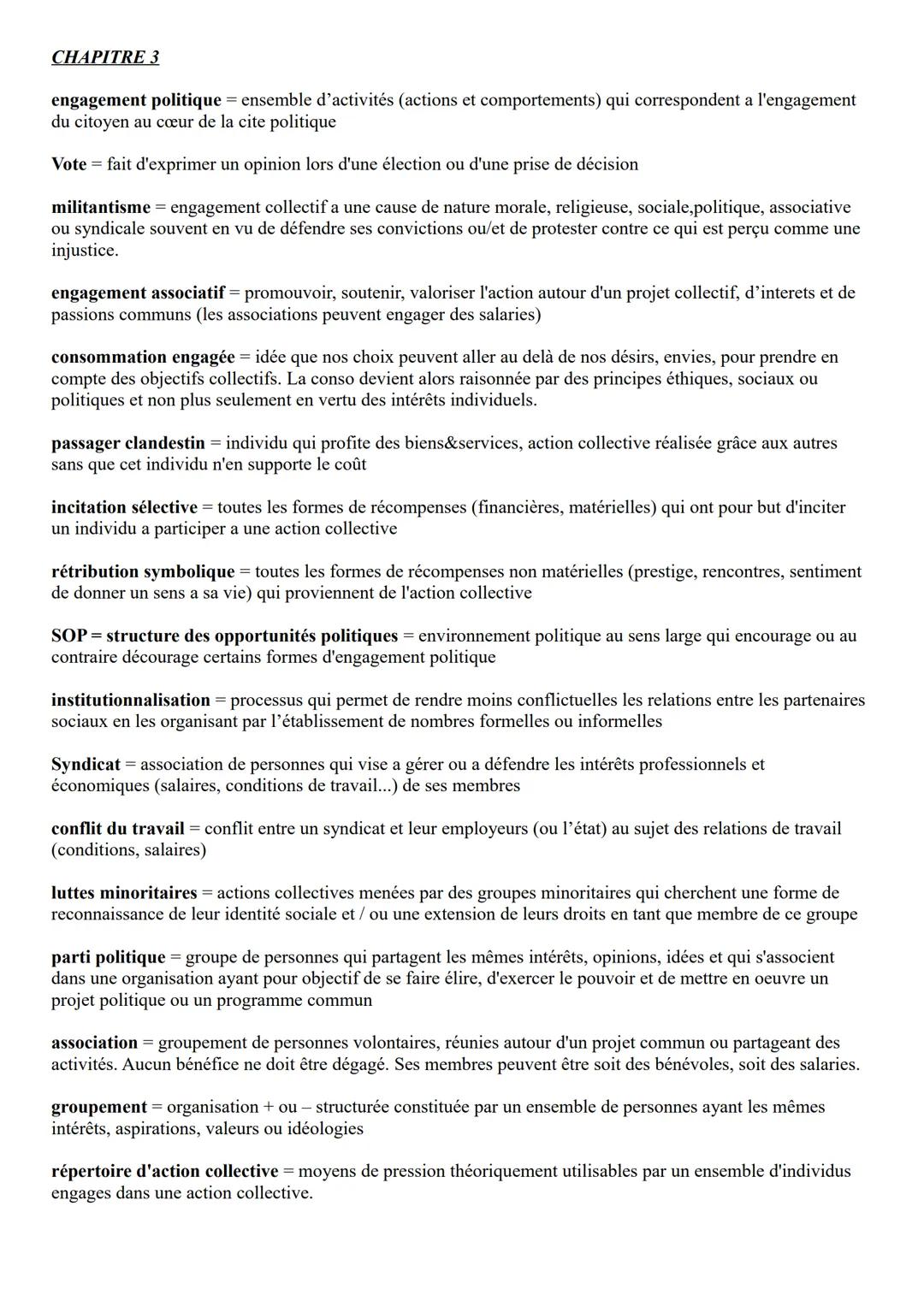 CHAPITRE 3

engagement politique = ensemble d'activités (actions et comportements) qui correspondent a l'engagement
du citoyen au cœur de la