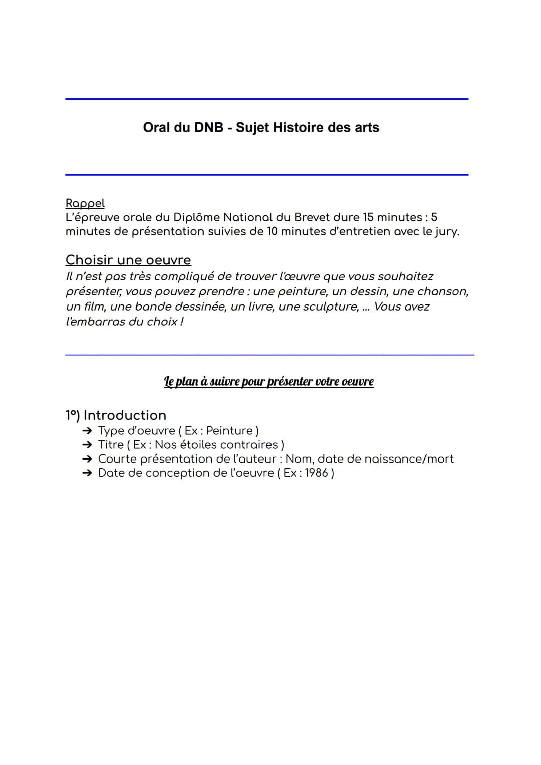 Oral du DNB - Sujet Histoire des arts
Rappel
L'épreuve orale du Diplôme National du Brevet dure 15 minutes : 5
minutes de présentation suivi