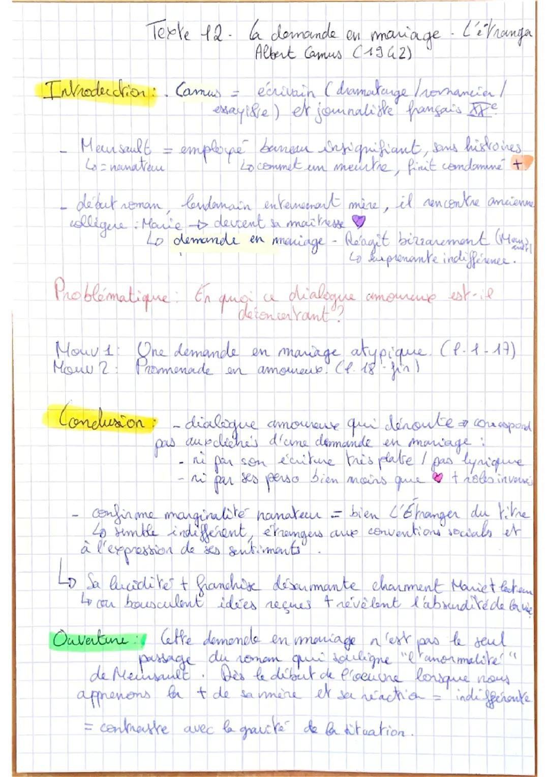Analyse linéaire La demande en mariage Albert Camus L'Étranger