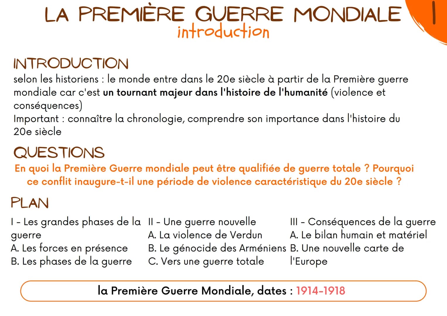 LA PREMIÈRE GUERRE MONDIALE
introduction
INTRODUCTION
selon les historiens : le monde entre dans le 20e siècle à partir de la Première guerr