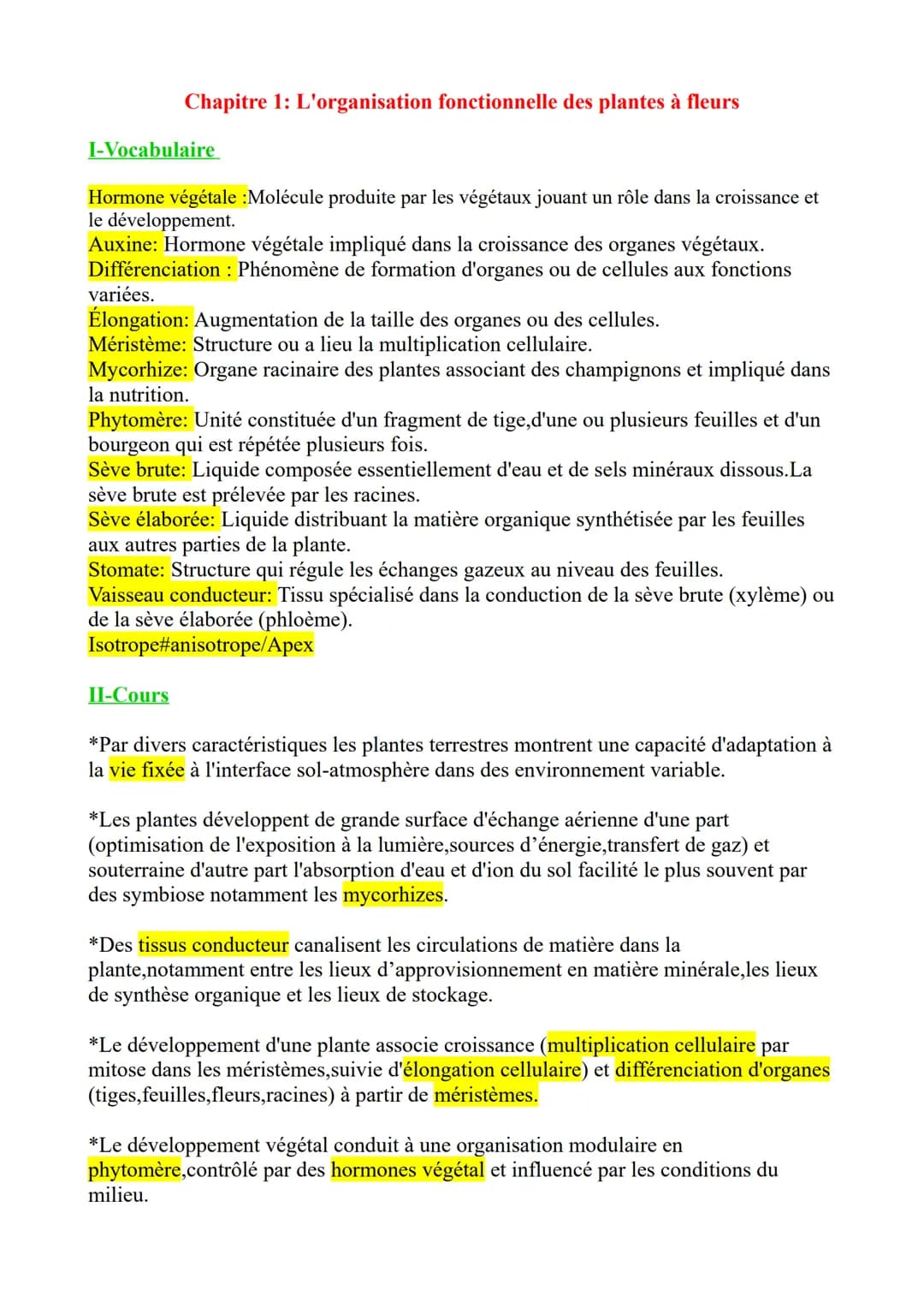I-Vocabulaire
Chapitre 1: L'organisation fonctionnelle des plantes à fleurs
Hormone végétale :Molécule produite par les végétaux jouant un r